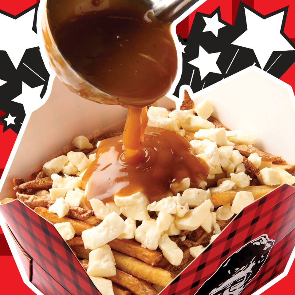 poutine in a red and black checkered box with gravy being poured on top with red star background