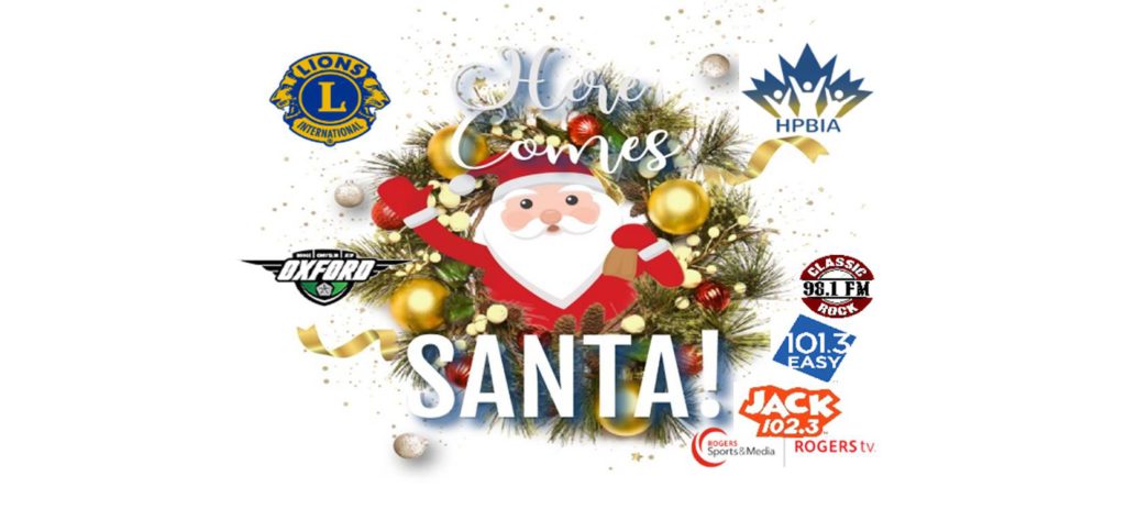 christmas poster featuring santa a wreath and company logos