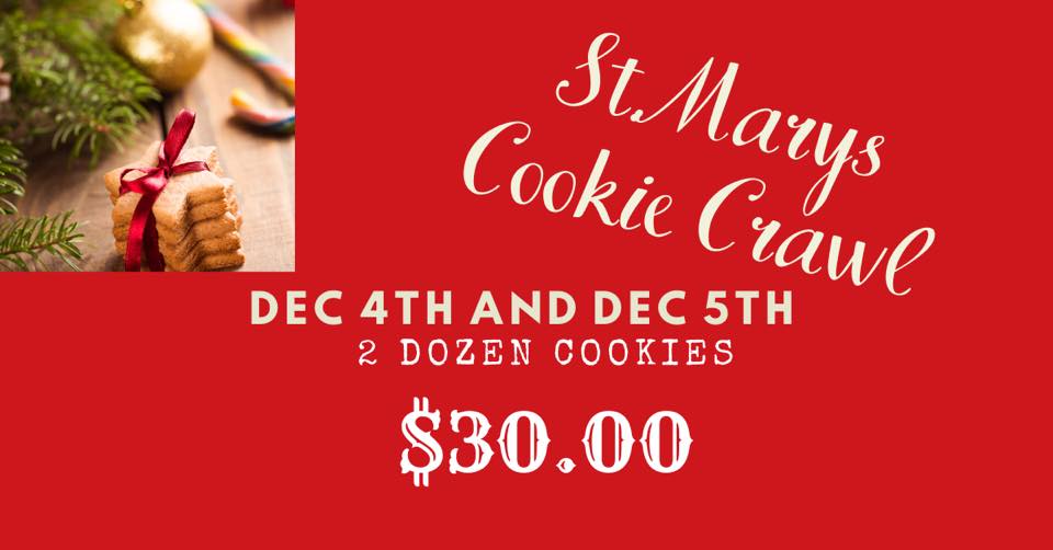 cookie crawl poster with red accents and a cookie image in the top left corner