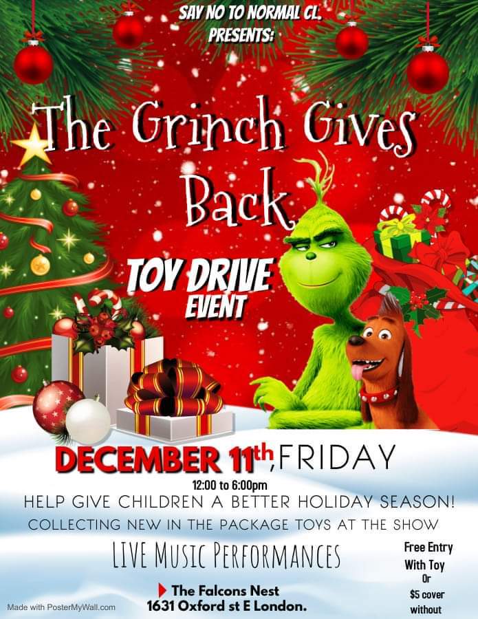 toy drive poster featuring christmas decor the grinch and writing all over