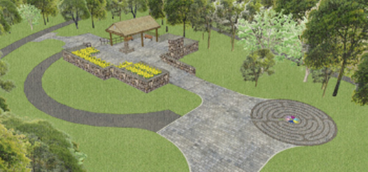 3d rendering of walkway featuring gazebo and large patio area surrounded by grass