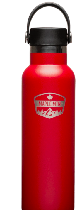 Tall drinking bottle in red with a swoop handle against a white background