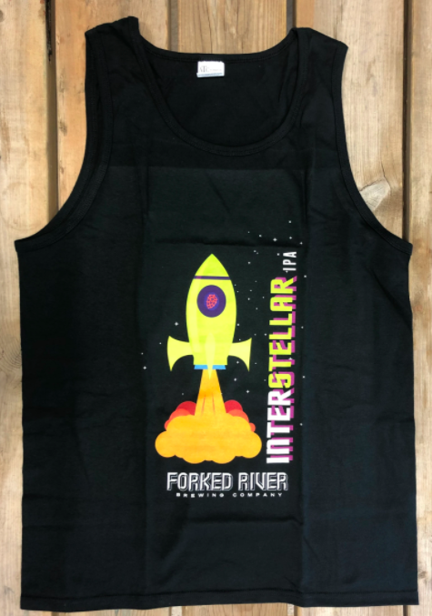 large black branded mens tank top with a rocket in multiple colours on the front sitting on a wooden table