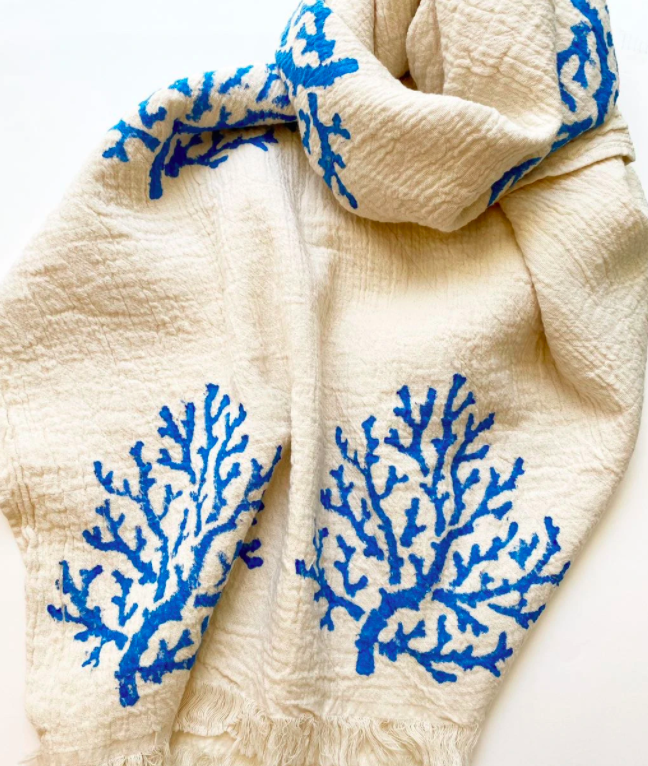 off white pashmina scarf with blue tree print embroidered in various places