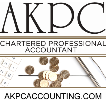 company logo with white, black and gold detailing with coins and a calculator featured