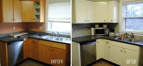 a before and after view of a kitchen that was dated then painted white