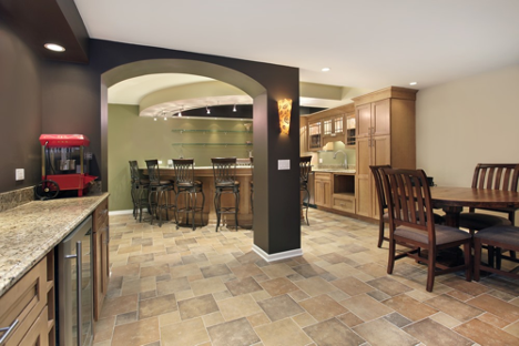 various colours of kitchen tile with dining room and kitchen furniture around