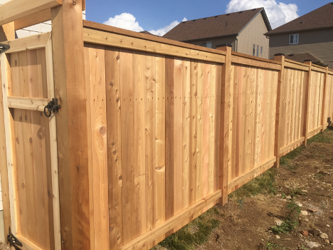 large wooden backyard fence with entryway to the left and dirt to the right