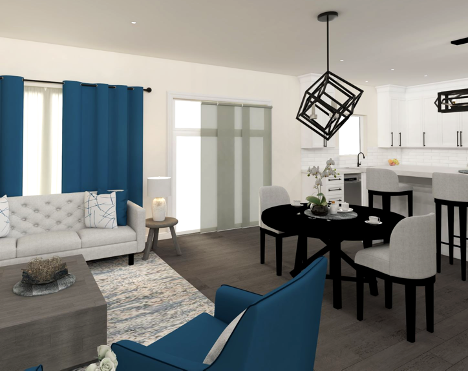 living room and dining room with modern industrial finishes with bright blue accent pieces