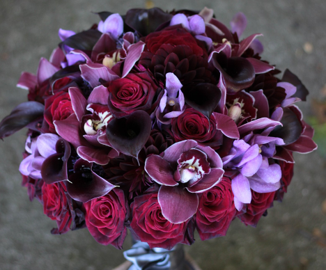 flower bouquet with pink, purple, and red flowers from above