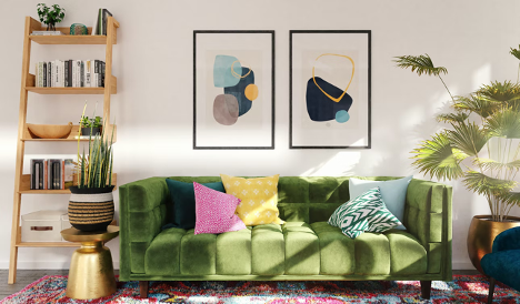 Living room with a bright green couch and modern styling