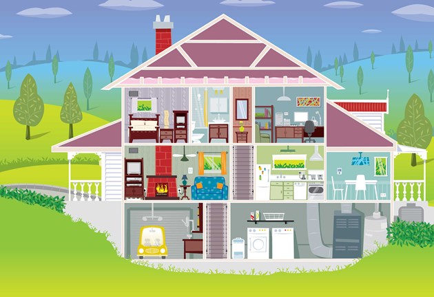 cartoon image of exposed house with all bedrooms and yard background