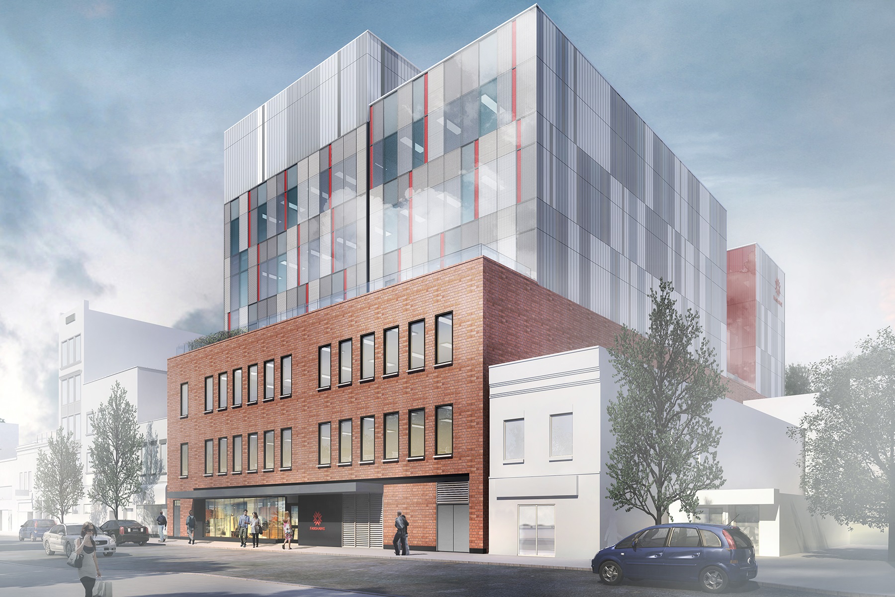 rendering of modern glass and brick college campus on downtown street