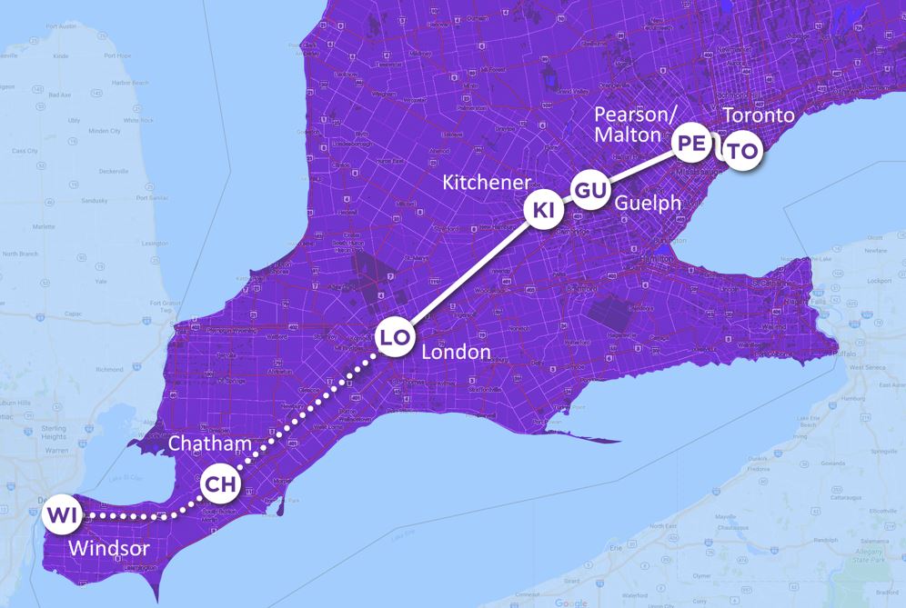 map of southern ontario highlighted in purple surrounded by water