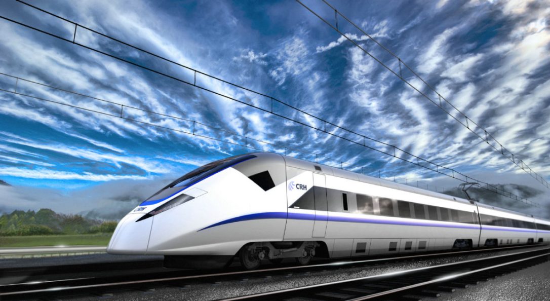 rendering of high speed rail in white with land and sky background