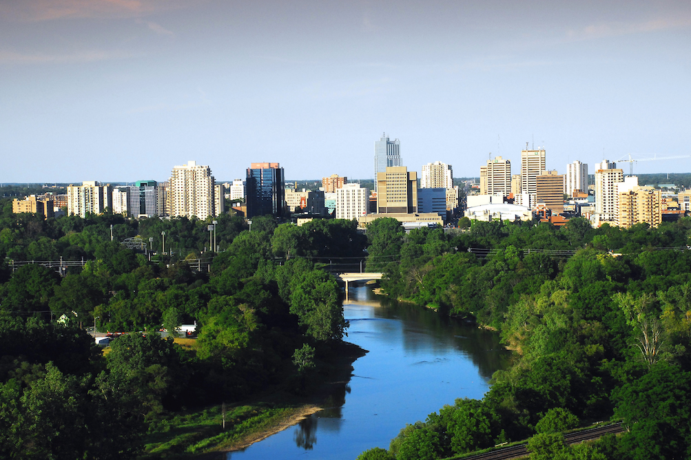 Downtown London Ontario skyline featuring the thames and surrounding greenery
