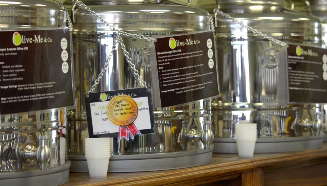 close up of olive oil selection in large jars with small sample cups and descriptions