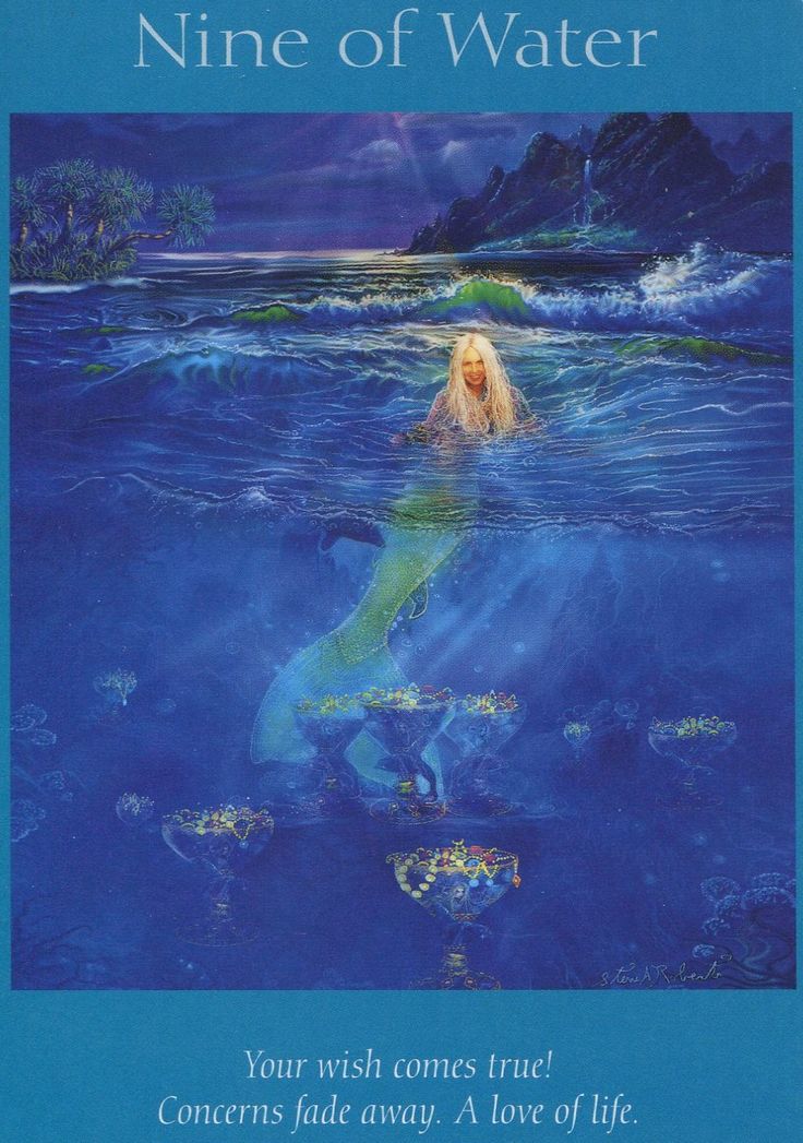 blue tarot card with mermaid and water
