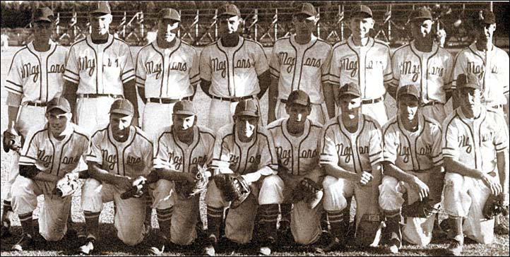 historic baseball team photo with men posing looking at camera