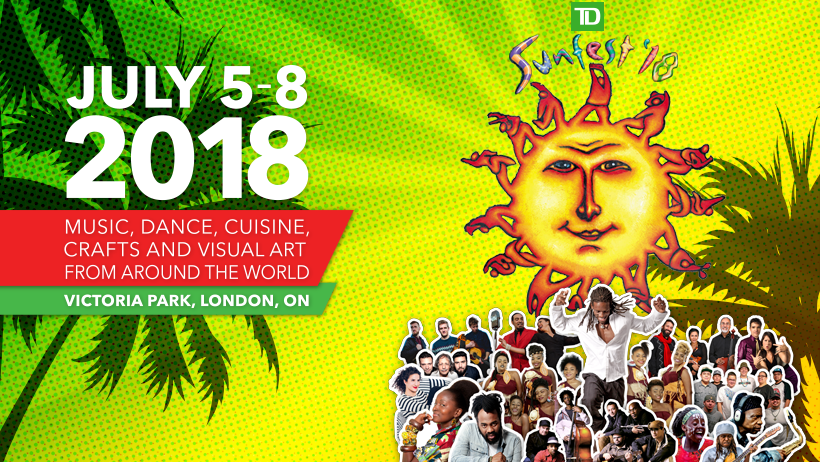 advertisement photo for sunfest event with bright colours large sun feature and large crowd photoshopped