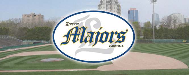 london majors logo with baseball field background