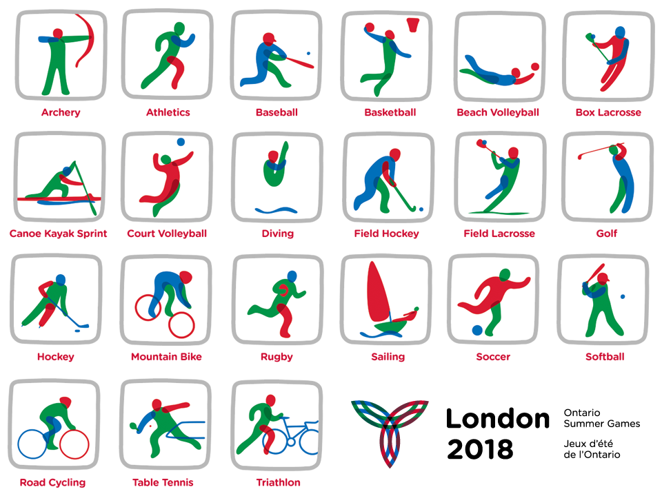 cartoon lists of sports available at summer games using red blue and green inside icons