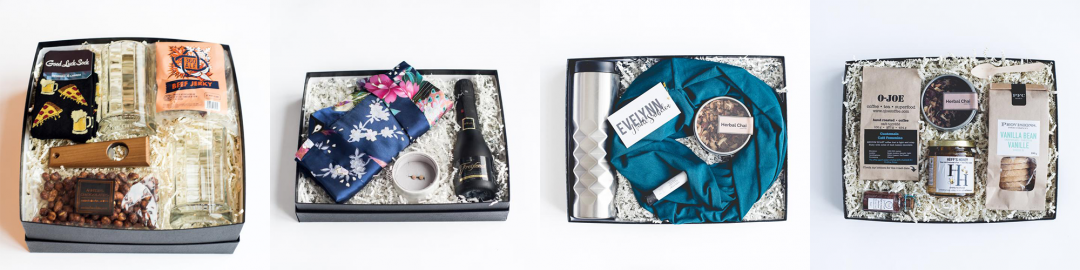 flat lay of four various gift sets with different products in each