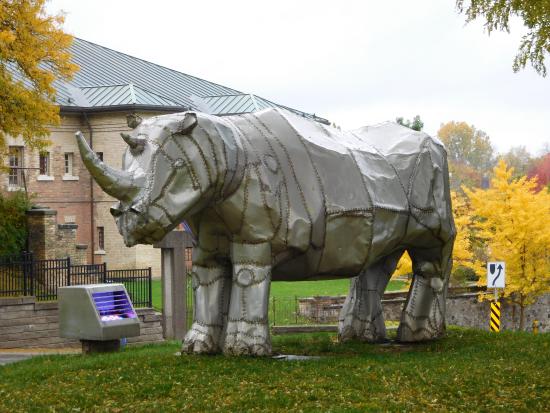 outdoors metal rhino sculpture at museum on overcast day with yellow tree in background
