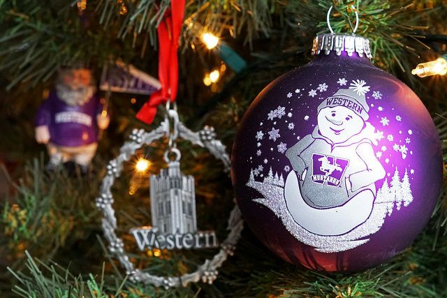 closeup of purple ornament on tree beside a tin ornament with red string