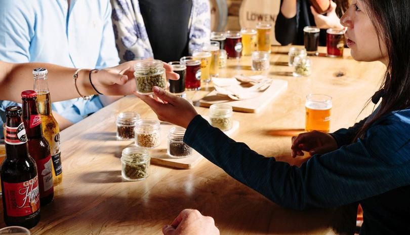 individuals smelling hops and barley at beer tasting with draught beer and bottles of beer on table