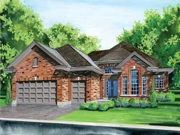 rendering of red home with two car garage and separate golf cart garage on a nice day