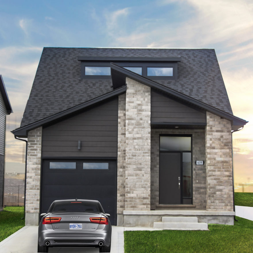 exterior rendering of grey and black home with one car garage