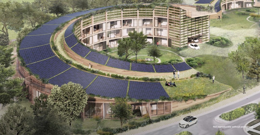 aerial rendering of housing building in swirl shape with many solar panels on roof to the left