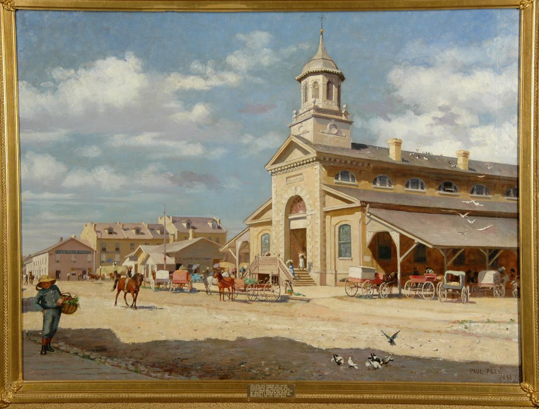 historic painting of a artisan market with horse and buggies parked out front