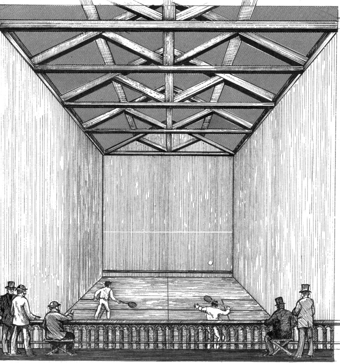 vintage black and white squash illustration on wooden court with high ceilings