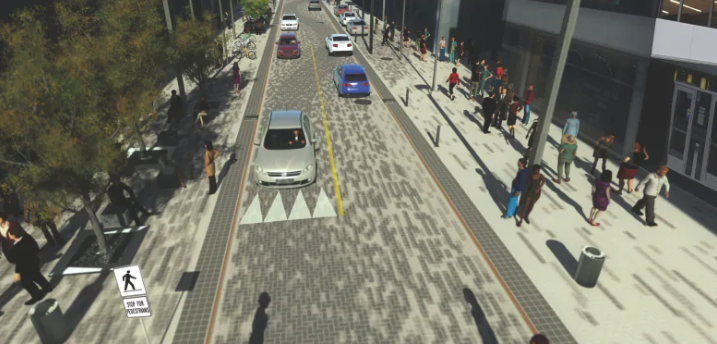 3d rendering of downtown street with cars on road and people on sidewalk